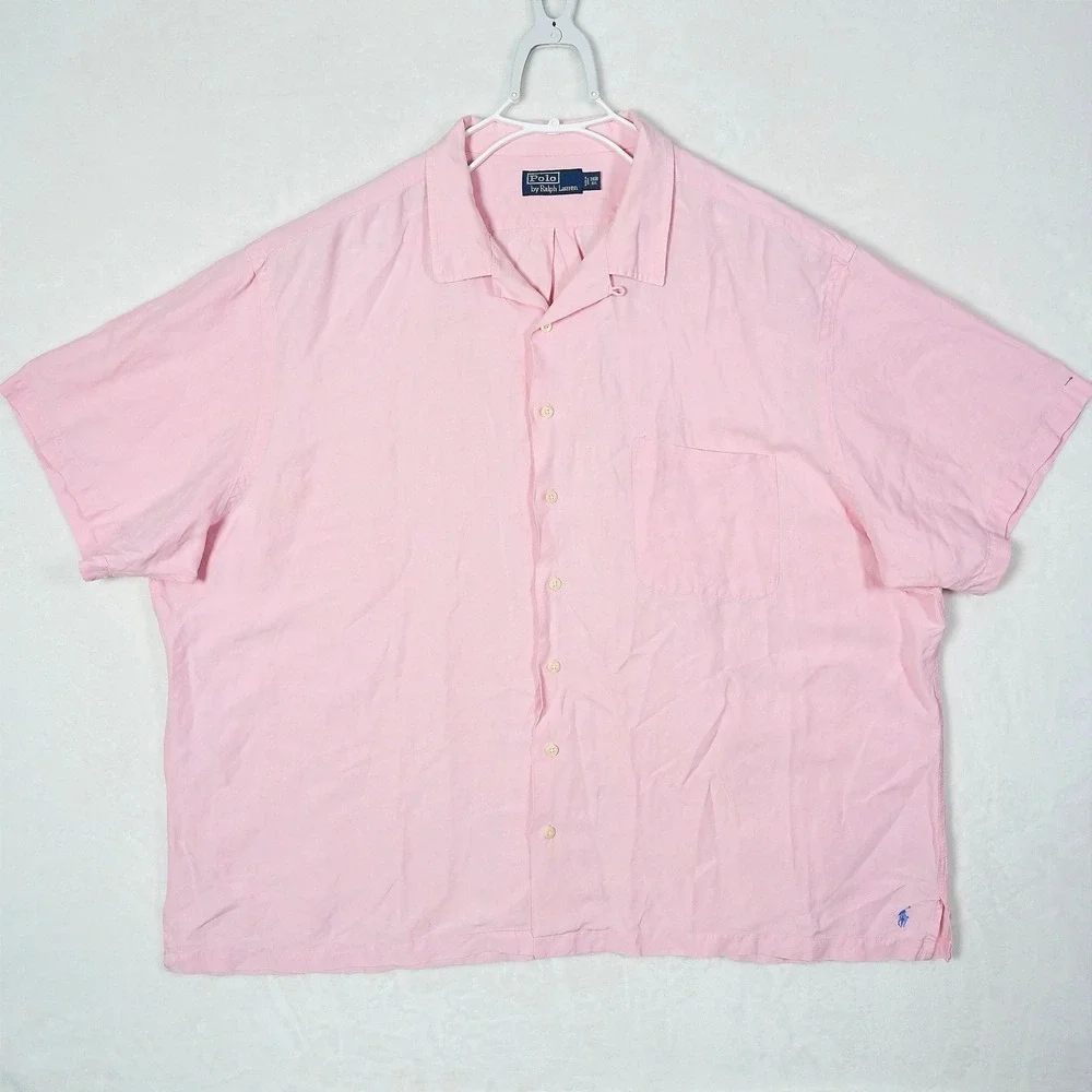 Polo Ralph Lauren Mens 3XB Pink Linen Silk Short Sleeve Camp Button Up Shirt